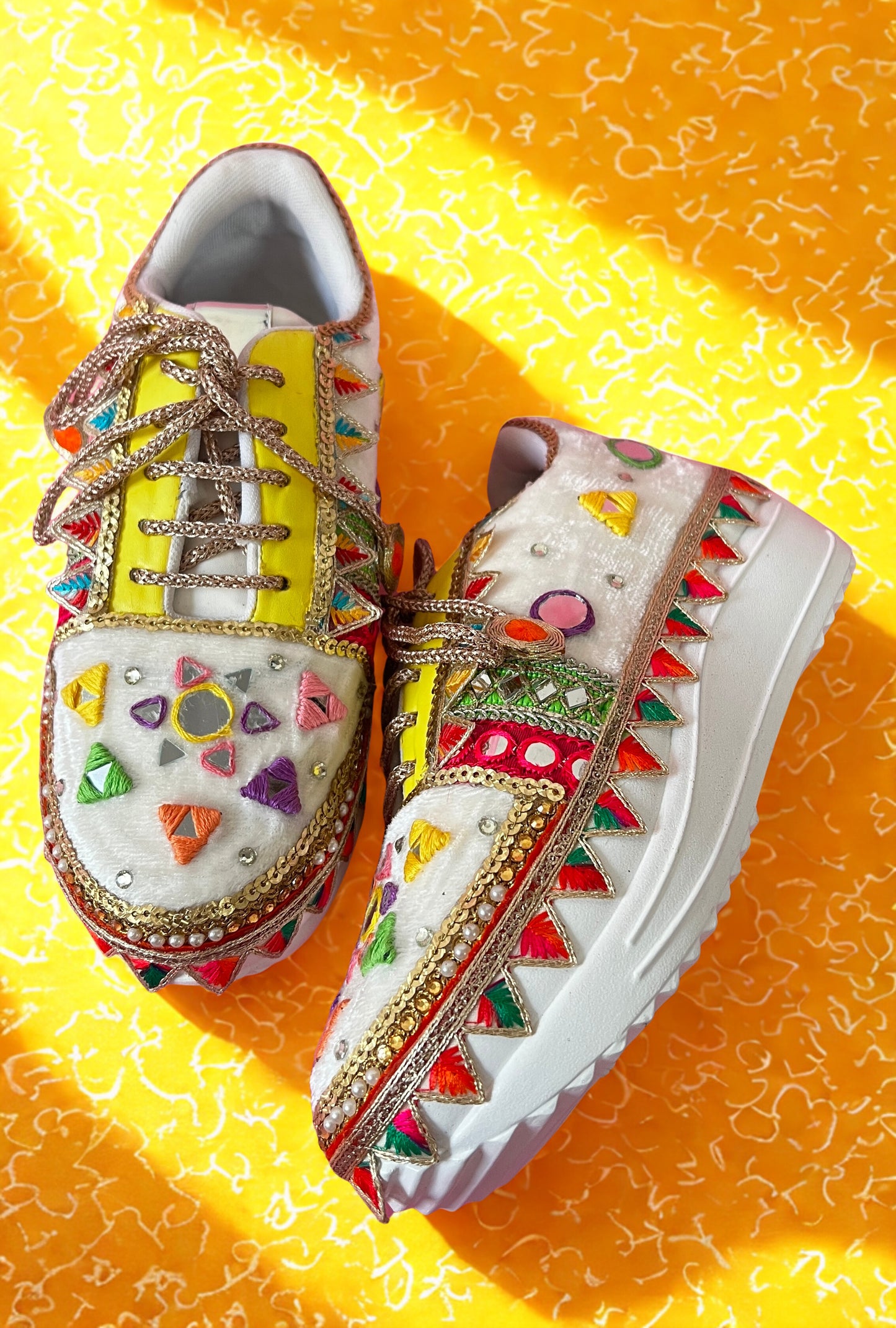 FUNKY N TRENDY “Yellow neon mirror work Handcrafted Sneakers – Mirror Magic”