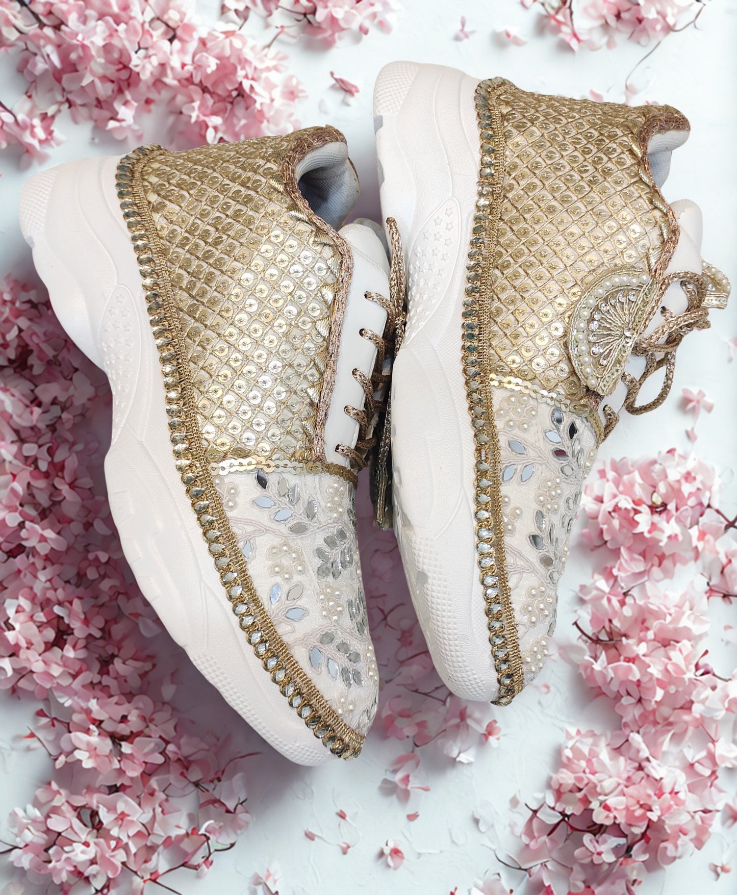 Funky N Trendy Ivory Gold Magic Bridal Sneakers – Custom Pearl and Mirror Detailing