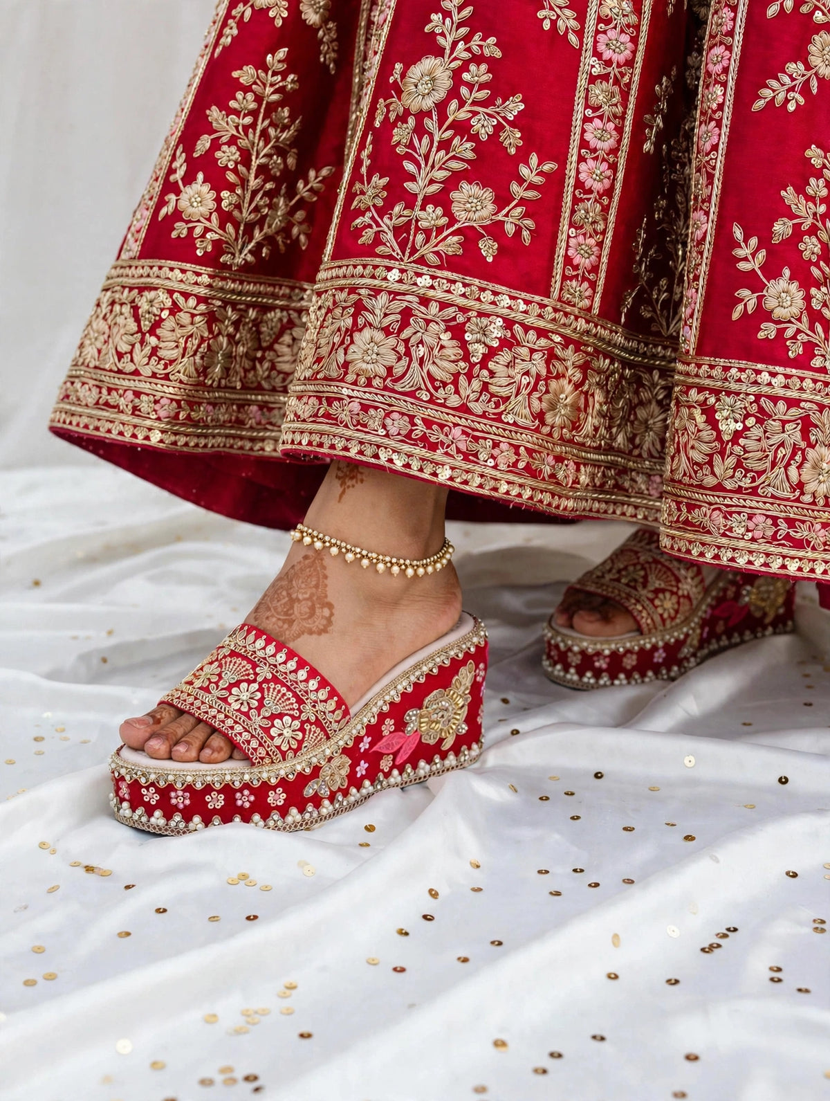 Handcrafted Bridal Embroidered Wedges - Red / Gold