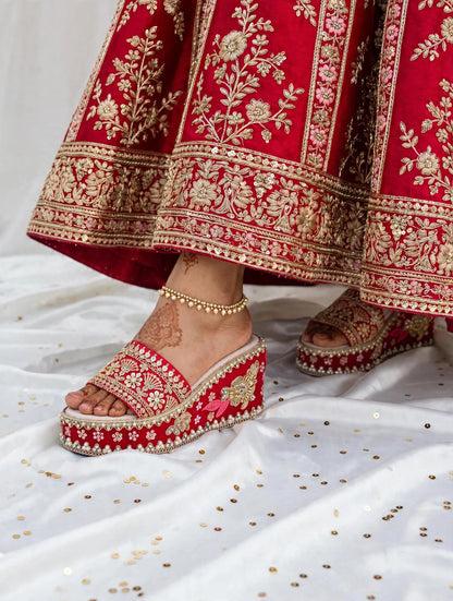 Handcrafted Bridal Embroidered Wedges - Red / Gold
