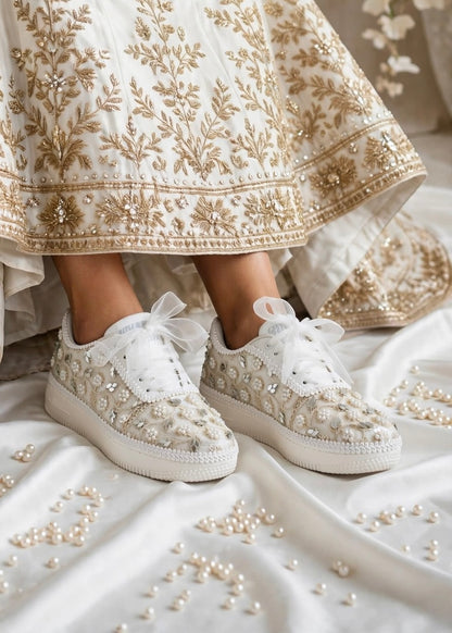 Pearl Embellished Bridal Sneakers – Handmade Wedding Shoes for Brides & Bridesmaids with customized name / hashtag