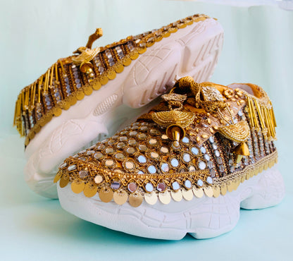 FUNKY N TRENDY gold mirror heeled sneakers for brides and bridesmaids