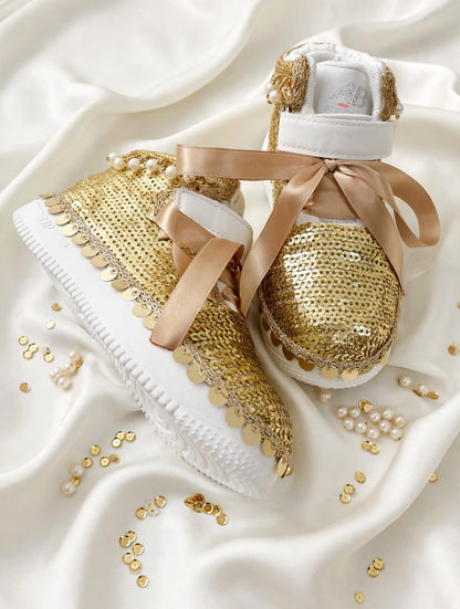 Funky N Trendy purple gold sequine work sneakers/kids sneakers/ embroidery shoes / kids shoes/ gold sneakers / gold shoes for kids/handmade sneakers for kids