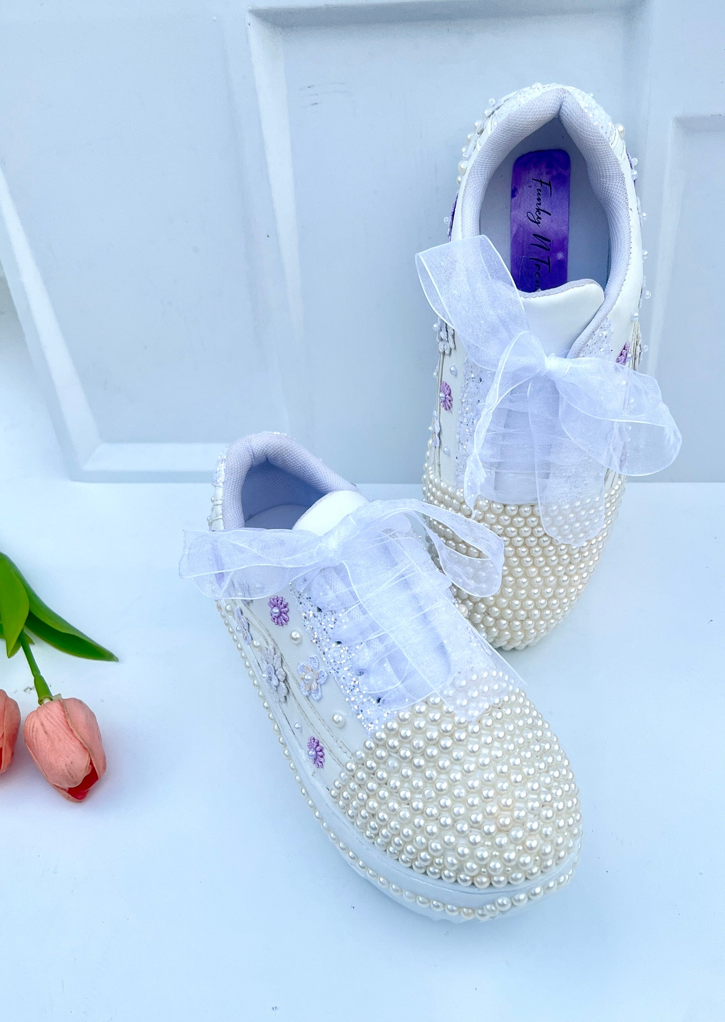 Funky N Trendy white pearl work sneakers with purple / lavender floral detailing / pearl sneakers
