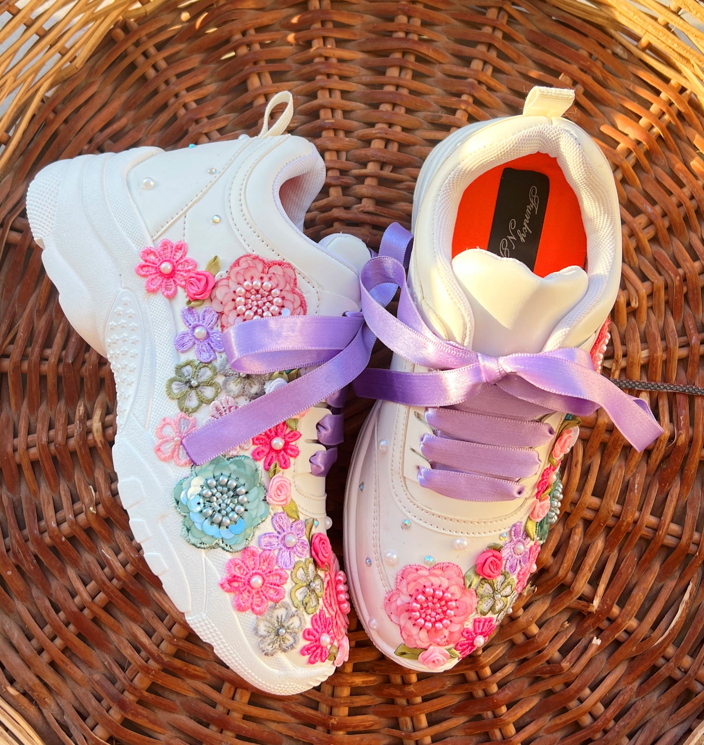 FUNKY N TRENDY hand embroidered floral work sneakers/ white sneakers /bridal shoes / bridal sneakers / floral sneakers/flower shoes /bridesmaid sneakers/ pink shoes / pink sneakers