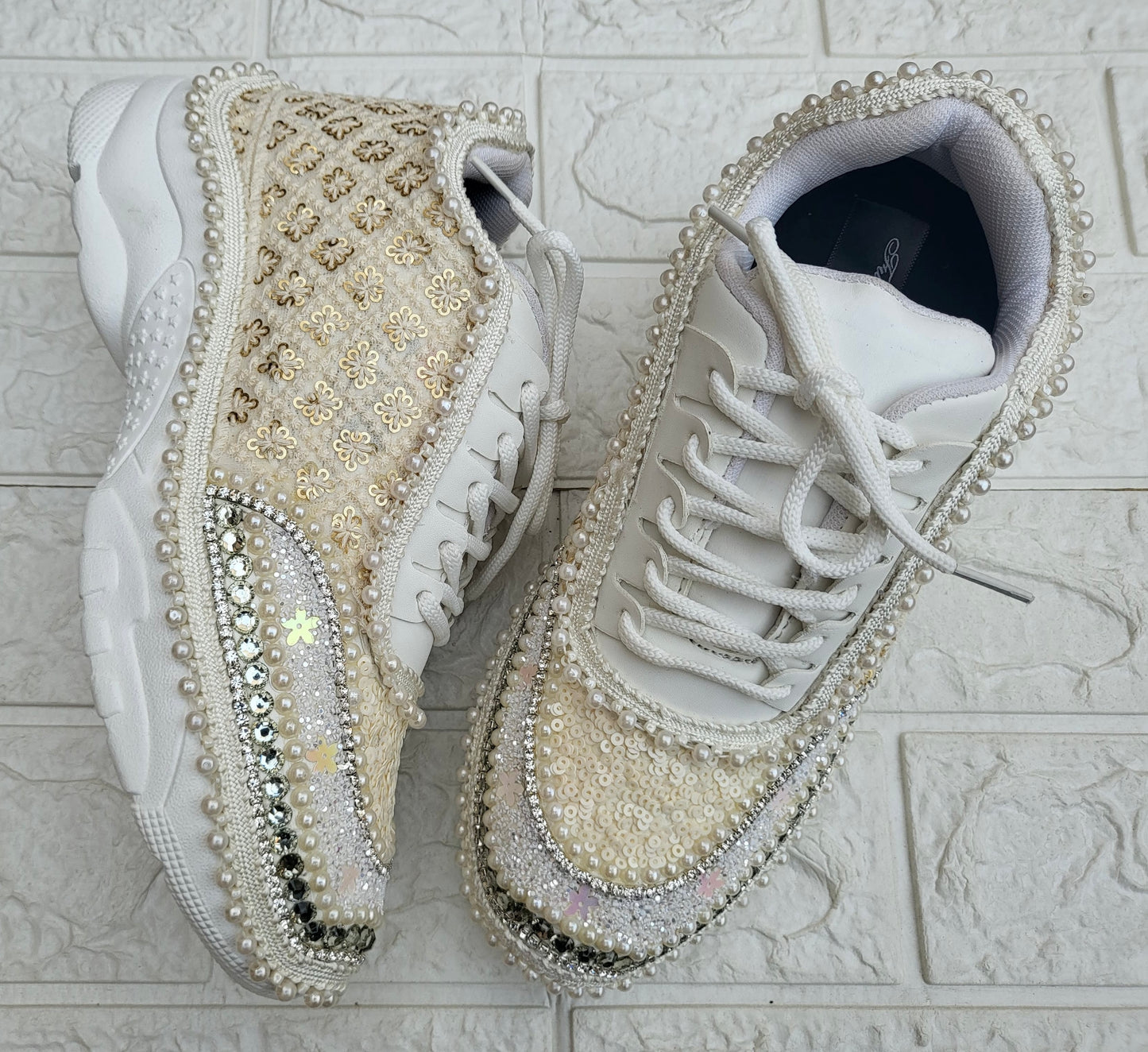 Funky N Trendy ivory / off white embroidery work bridal sneakers/ bridesmaid sneaker / hancrafted sneakers / gold sneakers / golden sneakers/ white sneakers / white shoes