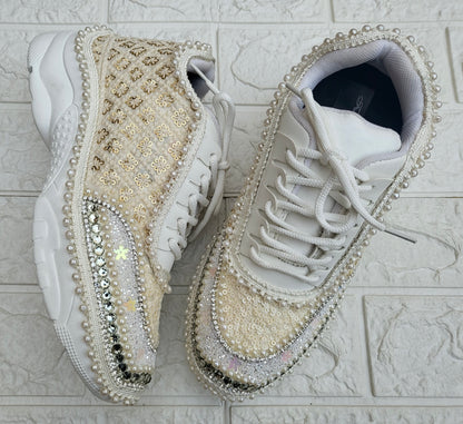 Funky N Trendy ivory / off white embroidery work bridal sneakers/ bridesmaid sneaker / hancrafted sneakers / gold sneakers / golden sneakers/ white sneakers / white shoes