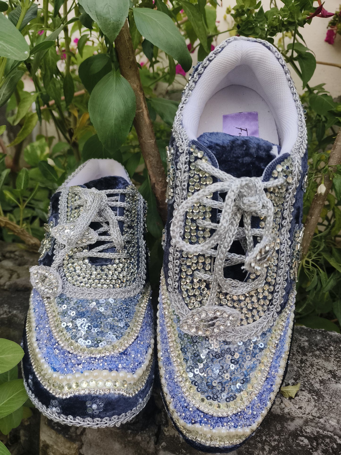 Midnight Blue Velvet Bridal Sneakers with Silver Cutdana & Crystal Embellishments