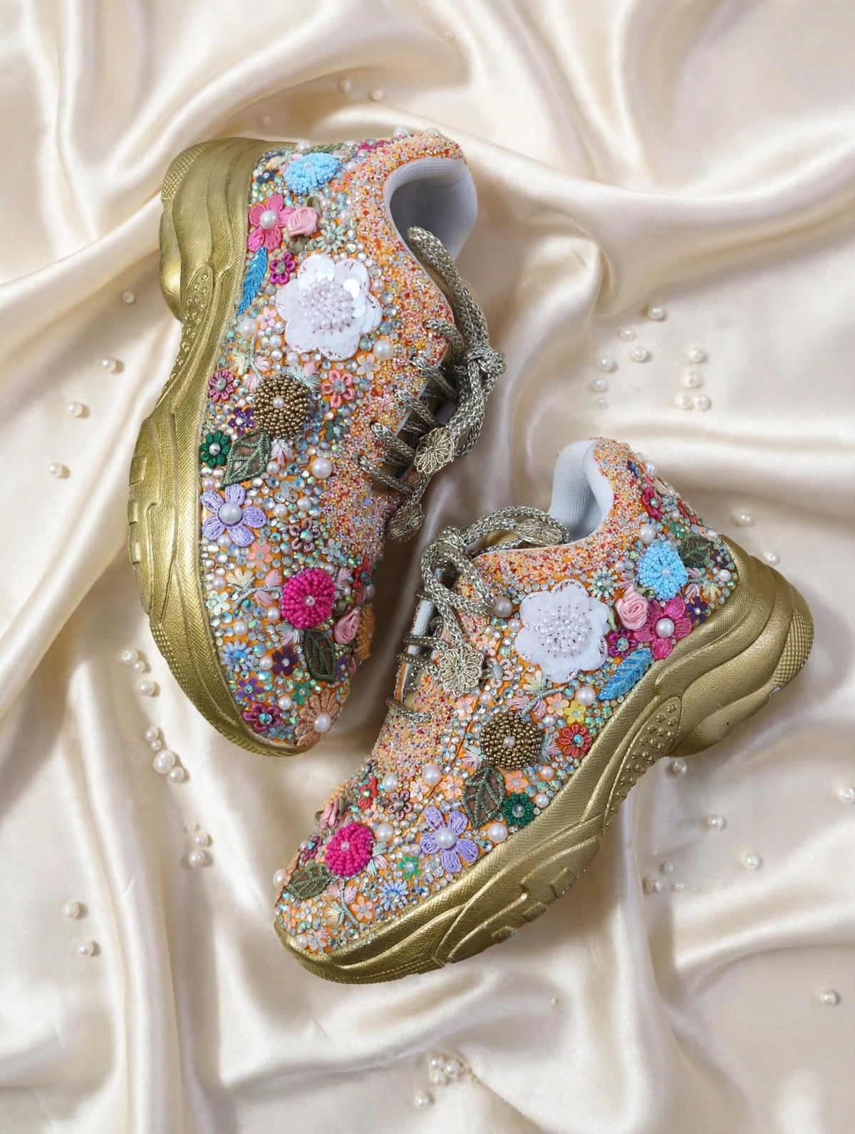 FUNKY N TRENDY fully hand crafted floral work with beads rhinestones cutdana sneakers / flower shoes / gold sneakers