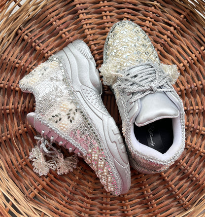 FUNKY N TRENDY hand work bridal sneakers / bridesmaid sneakers/ silver sneakers / silver shoes/mirror sneakers mirror shoes/ bride shoes