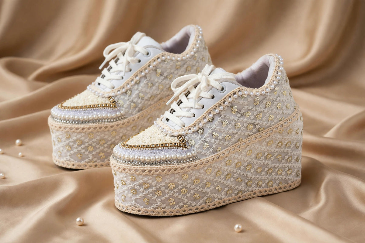 Handcrafted Bridal Sneakers for Brides – Wedding Shoes | Funky N Trendy | Ivory wedges | ivory sneakers