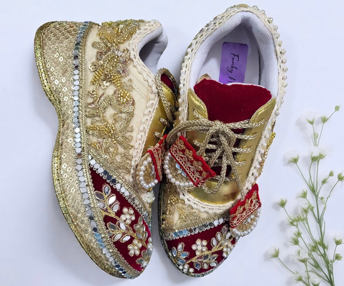 FUNKY N TRENDY red and gold bridal sneakers / bridesmaid sneakers/ golden sneakers / gold sneakers / red shoes / red bridal sneakers / embroidered shoes / embroidered sneakers