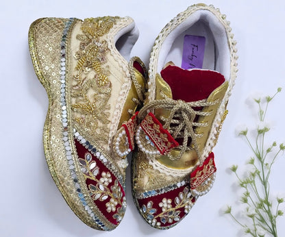 FUNKY N TRENDY red and gold bridal sneakers / bridesmaid sneakers/ golden sneakers / gold sneakers / red shoes / red bridal sneakers / embroidered shoes / embroidered sneakers