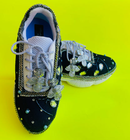 FUNKY N TRENDY Nevy blue and Silver tone work sneakers for brides / bridesmaids/ boho sneakers / blue sneakers / nevy blue shoes/ silver and blue shoes for brides / bridesmaid/ sangeet sneakers