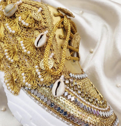 FUNKY N TRENDY gold sneakers for brides / gold sneakers for bridesmaids/ gold sneakers / bridal sneakers / bridesmaid sneakers/ golden hand work sneakers / gold sneakers / embroidered sneakers