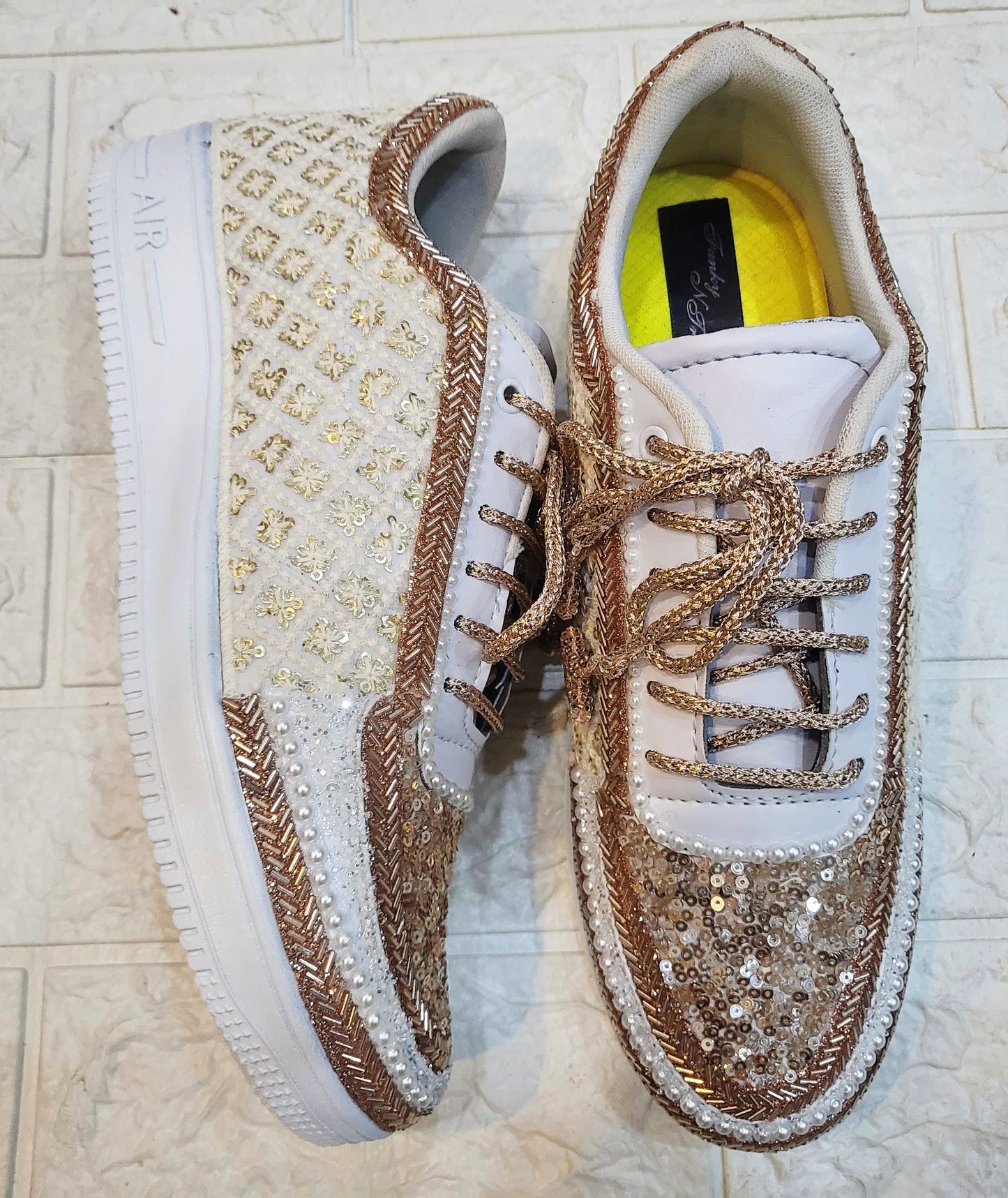 FUNKY N TRENDY tan peach with ivory color hand work sneakers for brides / bridesmaids/ rose gold sneakers / rose gold shoes