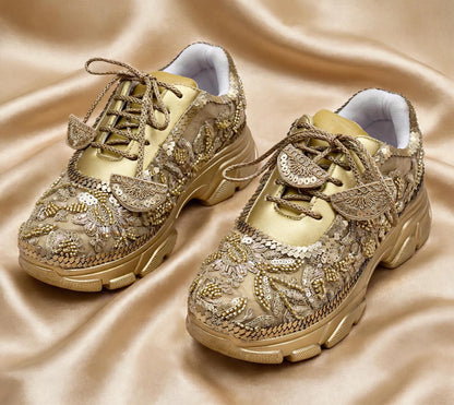 Funky N Trendy hand crafted golden bridal sneakers bridesmaid sneakers/ gold sneakers / golden sneakers / mirror sneakers/hand embroidered sneakers