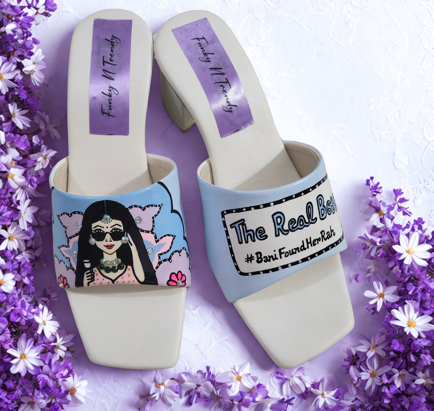 FUNKY N TRENDY hand painted water resistant wedding theme block heels for bride / handpainted heels / quirky heels/ kudi pataka sandals / kudi pataka heels / blue heels/sky blue heels