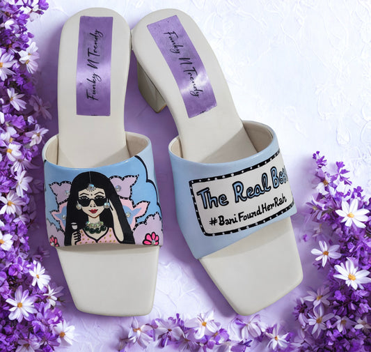 FUNKY N TRENDY hand painted water resistant wedding theme block heels for bride / handpainted heels / quirky heels/ kudi pataka sandals / kudi pataka heels / blue heels/sky blue heels