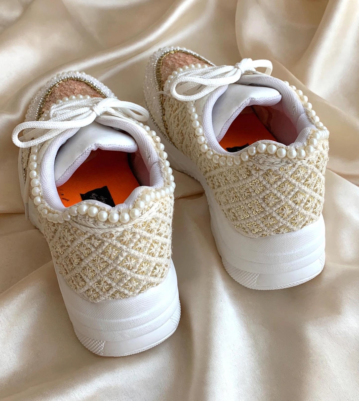 FUNKY N TRENDY ivory and tan peach sneakers with pearl detailing for brides / bridesmaids/ ivory sneakers / beige sneakers / tan peach shoes/ rose gold sneakers / rose gold shoes