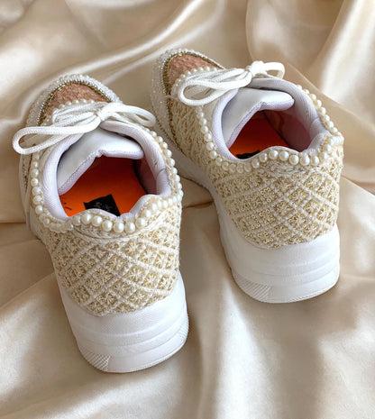 FUNKY N TRENDY ivory and tan peach sneakers with pearl detailing for brides / bridesmaids/ ivory sneakers / beige sneakers / tan peach shoes/ rose gold sneakers / rose gold shoes