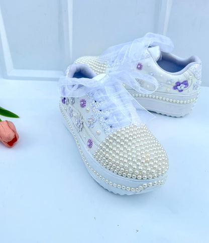 Funky N Trendy white pearl work sneakers with purple / lavender floral detailing / pearl sneakers