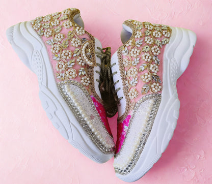 “Flower blossom Pink Bridal Sneakers – Floral Embroidery”