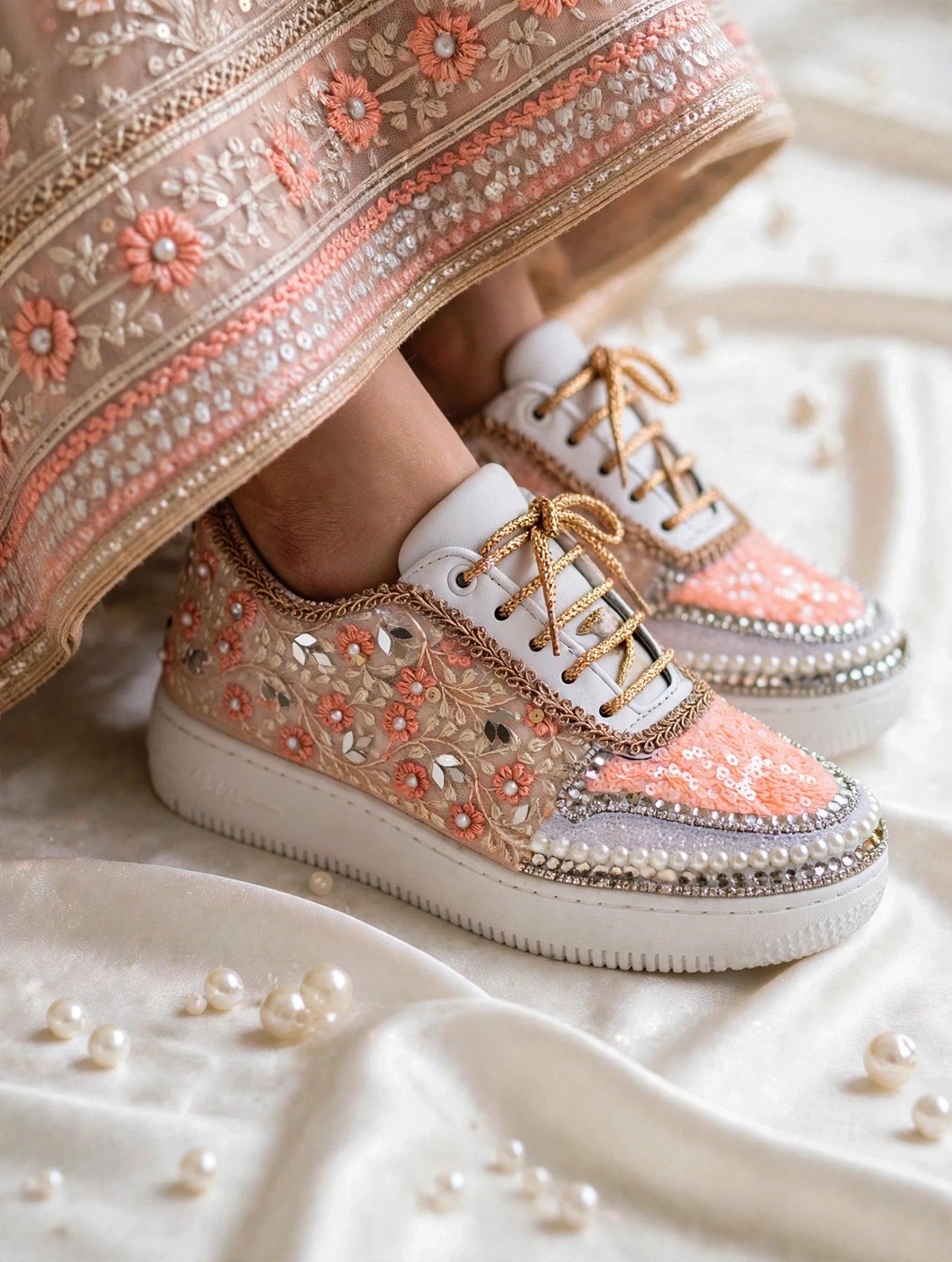 Blossom Bride Bridal Sneakers — Peach Floral Embroidered Sneakers with Pearl & Crystal Trim