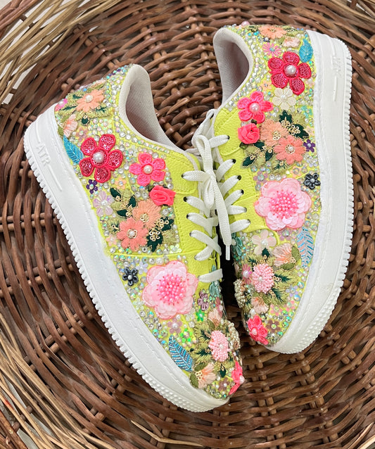 FUNKY N TRENDY fully hand crafted green floral work with beads rhinestones cutdana etc /bridal sneakers / bridesmaid sneakers/ floral sneakers /colorful sneakers /bridal shoes / haldi mahendi shoes/ multi color shoes / green sneakers