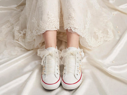 Customized Bridal Sneakers with Name initials / wedding date– Wedding Shoes for Bride/ white floral sneakers