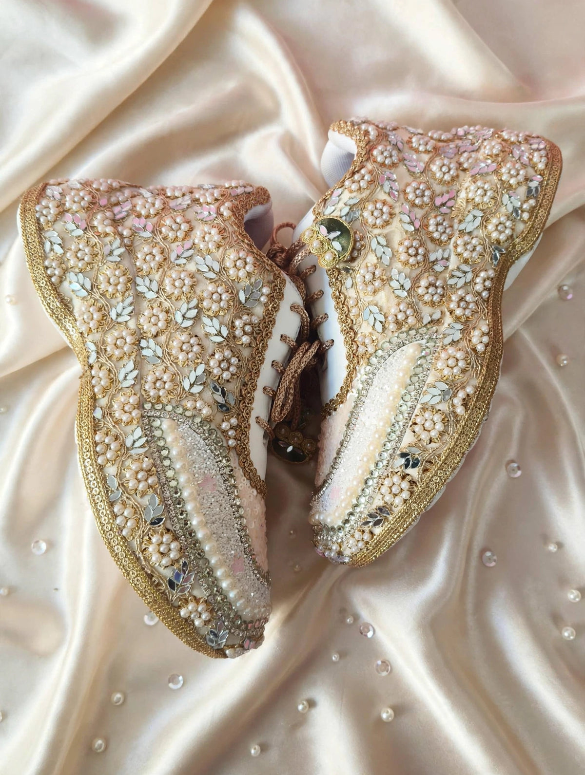 Mirror leaves Pearl blossom Dull gold/ beige Bridal Sneakers – Floral Embroidery” / gold sneakers /ivory sneakers/peach sneakers