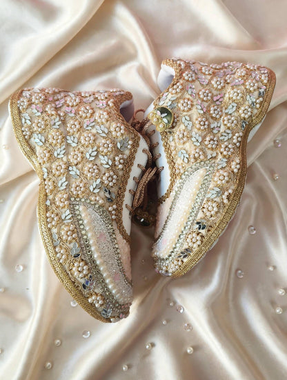 Mirror leaves Pearl blossom Dull gold/ beige Bridal Sneakers – Floral Embroidery” / gold sneakers /ivory sneakers/peach sneakers