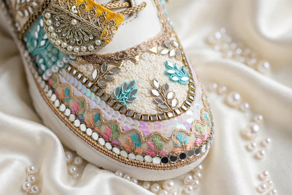 RANG RAAS - Multicolor Hand Embroidered Bridal Sneakers | Mirror Sequin Pearl Wedding Sneakers