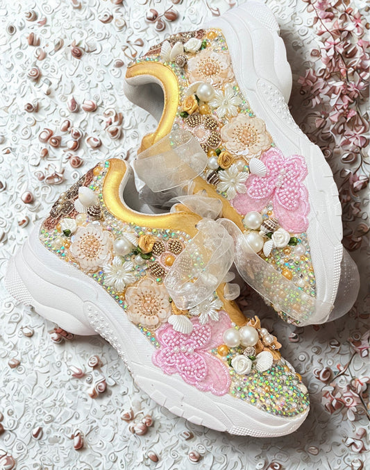 FUNKY N TRENDY gold pink butterfly embroidery sneakers for brides /gold embroidered sneakers/ handcrafted sneakers/ butterfly sneakers / bridal sneakers / bridesmaid sneakers/ gold and pink hand work sneakers
