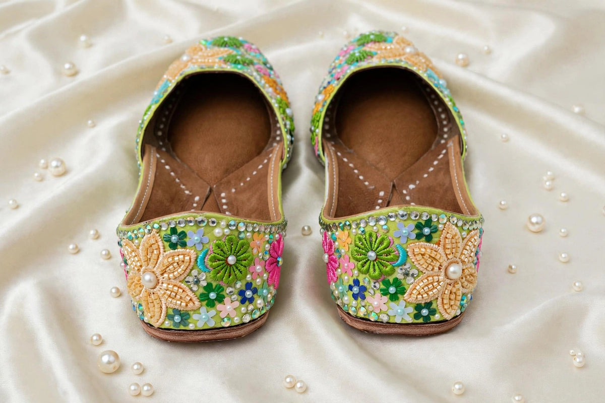 FUNKY N TRENDY “Green Pastel Garden Handcrafted Juttis – Floral Magic” - Green Carnival juttis