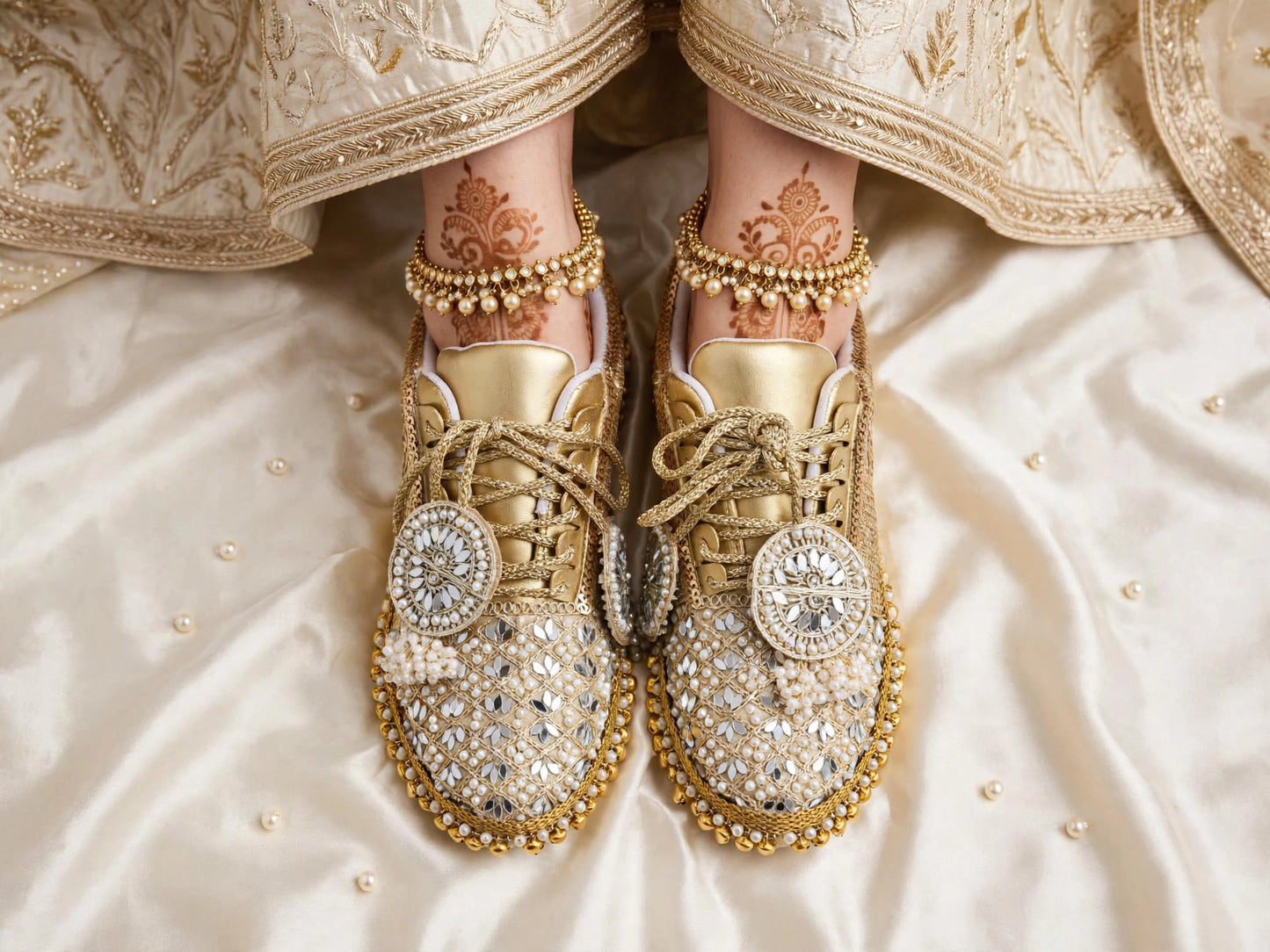 FUNKY N TRENDY golden mirror pearl and sequine work bridal sneakers / bridesmaid sneakers/ gold sneakers / golden sneakers/ ghungaroo sneakers / ghungaroo shoes