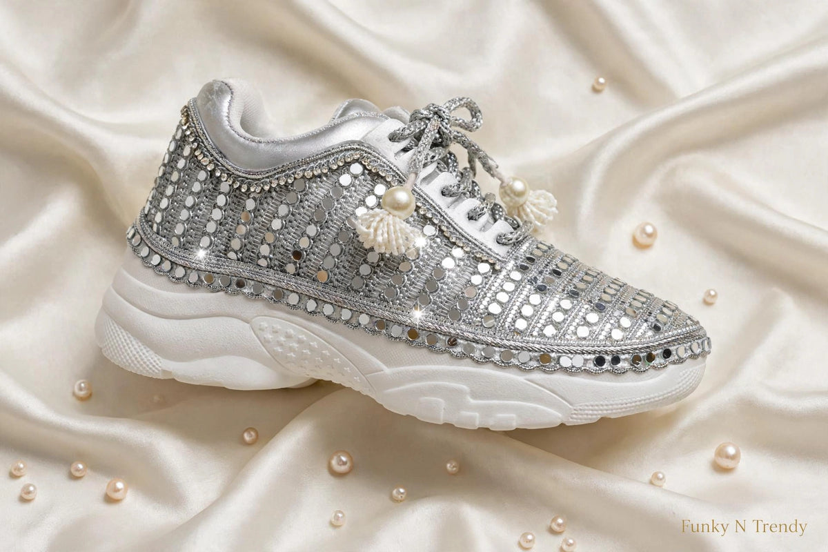 FUNKY N TRENDY Silver mirror hand work sneakers for brides / bridesmaids/ silver sneakers / silver mirror sneakers / silver shoes/ mirrror shoes