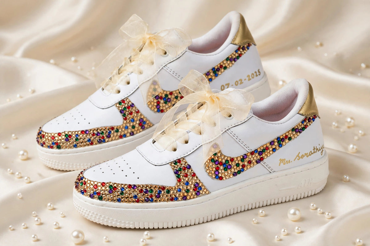 FUNKY N TRENDY multi colored rhinestone bridal sneakers / bridesmaid sneakers/ gold sneakers / gold shoes/stone sneakers studded shoes/ bride shoes/ white shoes