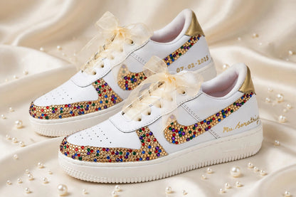 FUNKY N TRENDY multi colored rhinestone bridal sneakers / bridesmaid sneakers/ gold sneakers / gold shoes/stone sneakers studded shoes/ bride shoes/ white shoes