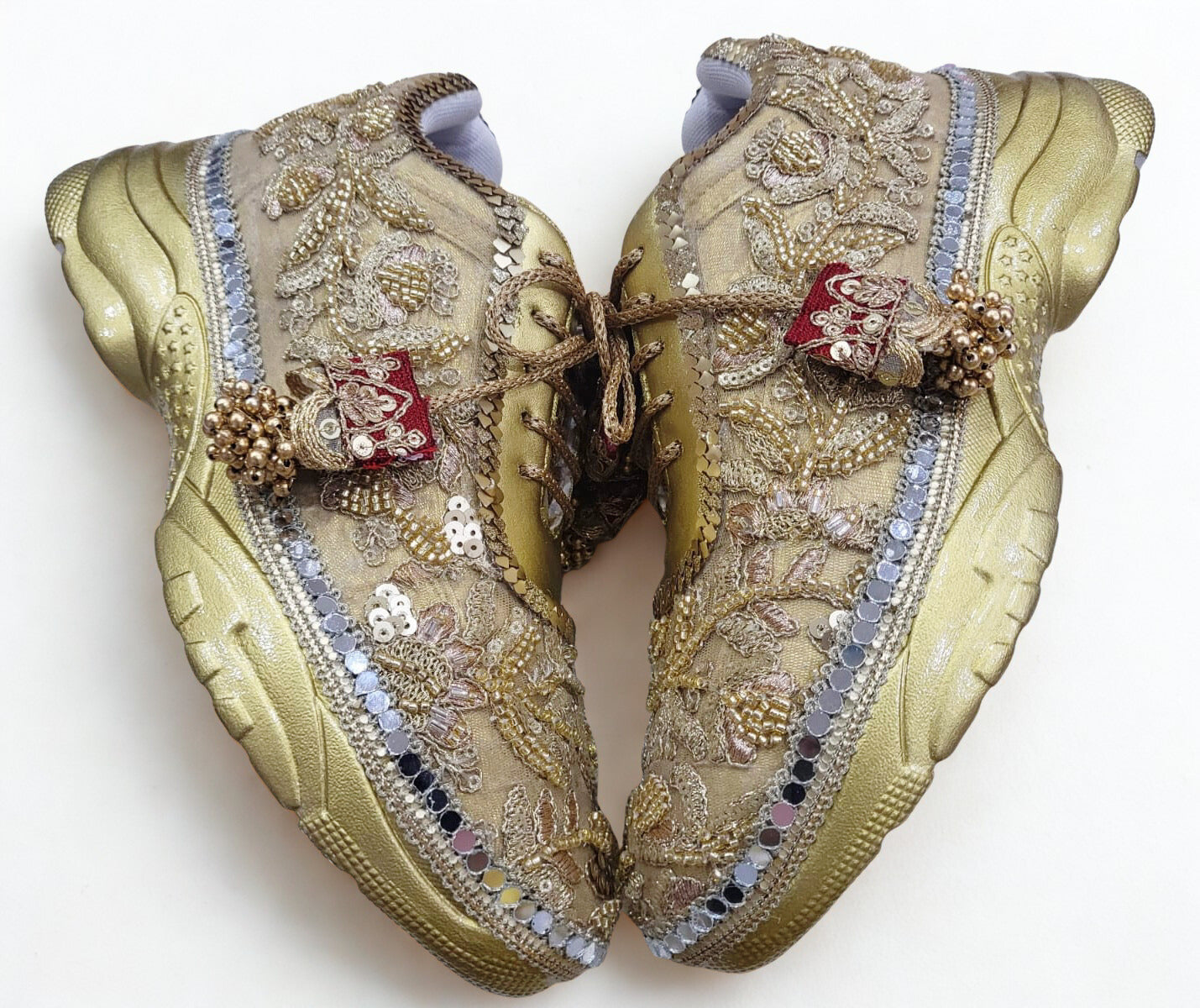 Funky N Trendy hand crafted golden bridal sneakers bridesmaid sneakers/ gold sneakers / golden sneakers / mirror sneakers/hand embroidered sneakers