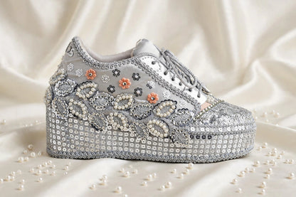 FUNKY N TRENDY Silver Mirror sequine work sneakers - wedge sneakers heeled sneakers/ silver sneakers