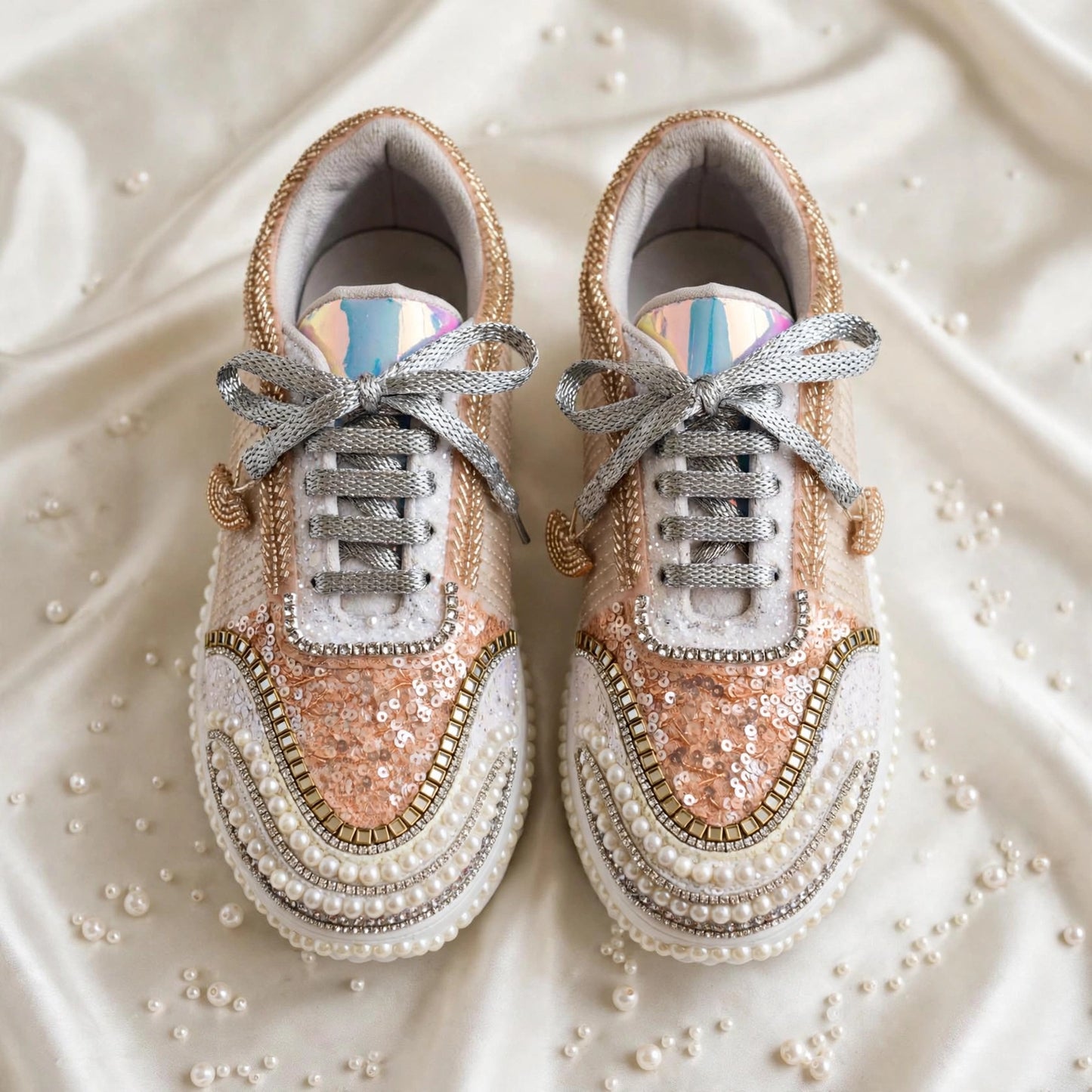 Peach Paradise – Rose Gold Sequin Pearl Sneakers | Bridal Sneakers India