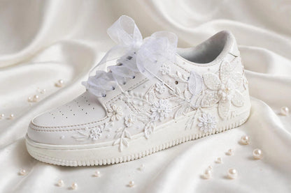 The Pearl - Hand Embroidered White Bridal Sneakers with Pearl Flowers