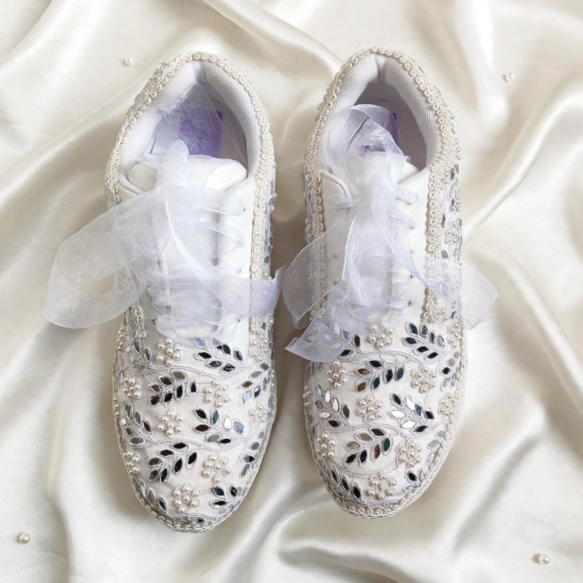 Funky N Trendy white pearl hand work sneakers / bridal sneakers/ sneaker for bride / white sneakers/ pearl sneakers for bride/ bridesmaid sneakers / pearls sneakers / mirror sneakers / white shoes