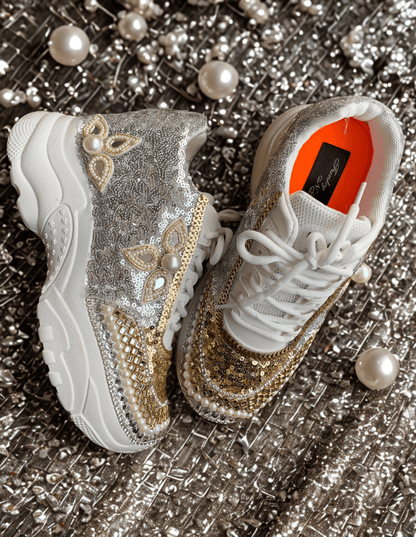 FUNKY N TRENDY dual color gold and silver sequine work sneakers for brides / bridesmaids/ gold sneakers / silver sneakers / gold shoes / silver shoes