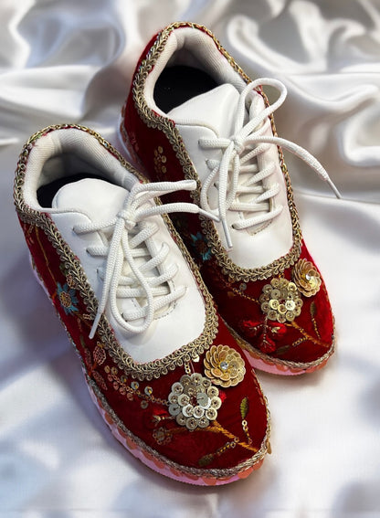 Funky N Trendy Red Bridal sneakers - floral embroidered sneakers for brides