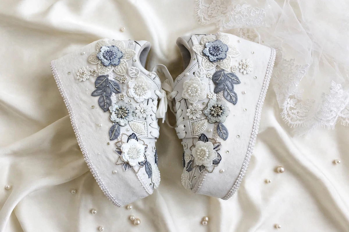 Customized White and Gray garden Bridal Sneakers with Name initials / wedding date– Wedding Shoes for Bride/ white sneakers