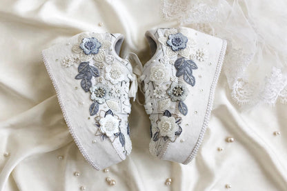Customized White and Gray garden Bridal Sneakers with Name initials / wedding date– Wedding Shoes for Bride/ white sneakers
