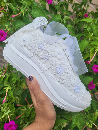 Funky N Trendy white thread work pearl work sneakers with floral detailing / bridal sneakers/ sneaker for bride / white sneakers/ pearl sneakers for bride/custom name initials / wedding date