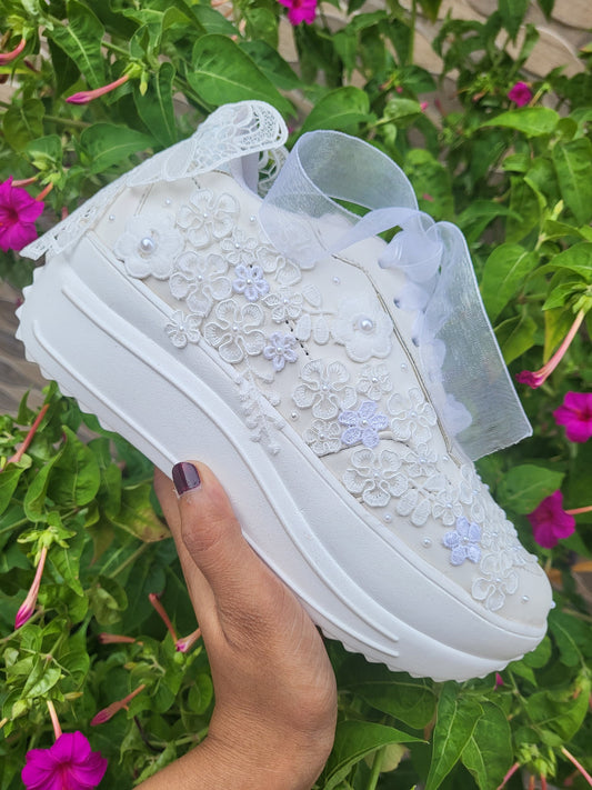 Funky N Trendy white thread work pearl work sneakers with floral detailing / bridal sneakers/ sneaker for bride / white sneakers/ pearl sneakers for bride/custom name initials / wedding date